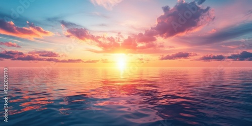 A breathtaking sunset reflecting on a tranquil ocean, illuminating the sky.