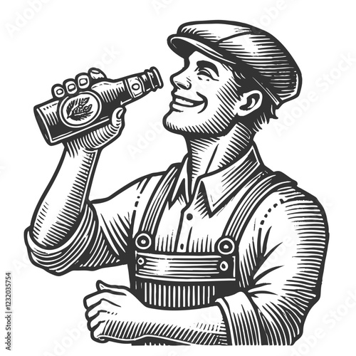 Worker Drinking Beer engraving vector illustration
