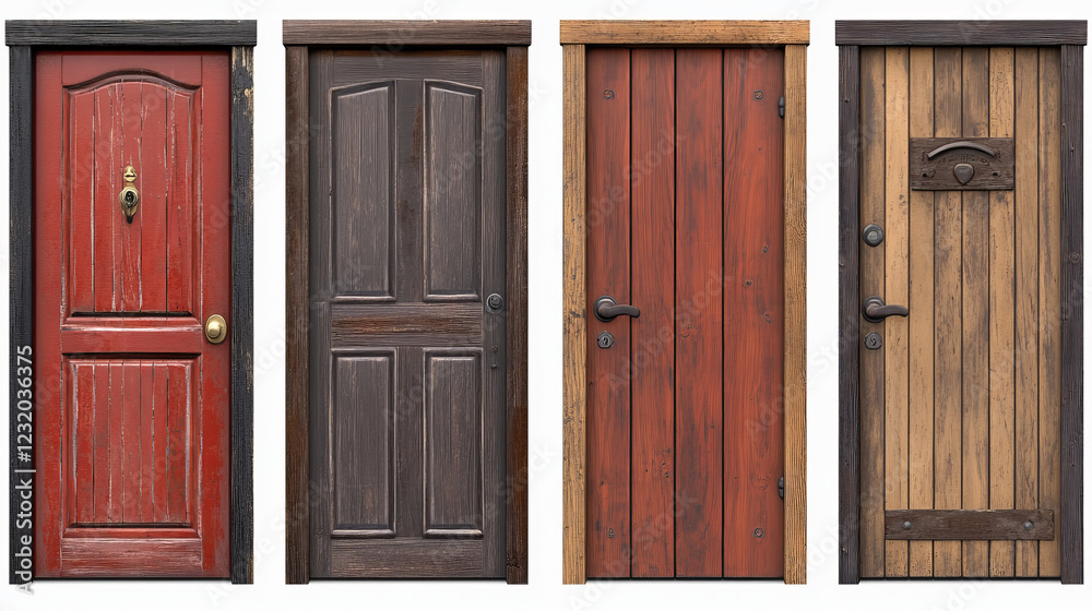 Wooden doors set isolated on transparent background. Vector realistic illustration of modern doorway with black, brown, white wood texture, golden and silver metal doorknob, interior design element Wooden doors set isolated on transparent background. Vector realistic illustration of modern doorway with black, brown, white wood texture, golden and silver metal doorknob, interior design element