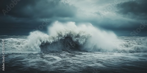 Fototapeta Naklejka Na Ścianę i Meble -  A dramatic wave crashes on a dark ocean, capturing the power of nature and the sea.