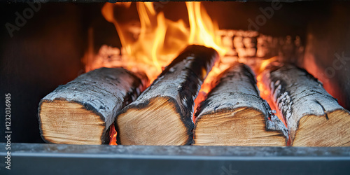 Burning Firewood Logs in a Metal Firebox photo