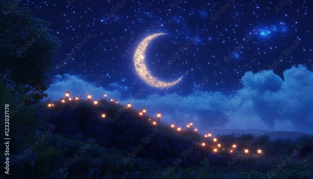 Naklejka premium Crescent Moon and Starlit Night Over a Hillside with Glowing Lights