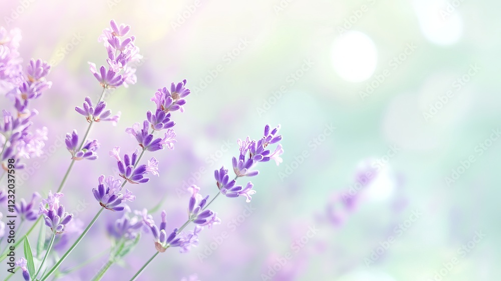 Fototapeta premium Soft lavender blooms blend into a pale green background creating a tranquil atmosphere suitable for relaxation or meditation. Generative AI
