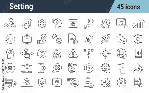 Setting Line Editable Icons set. Includes Settings, options, configuration, preferences, gear, control panel, equalizer,  optimization, vector  illustration.