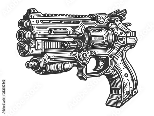 Ornate Steampunk Revolver engraving vector