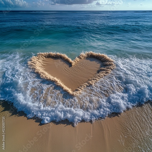 tropical beach where the waves form a heart 
