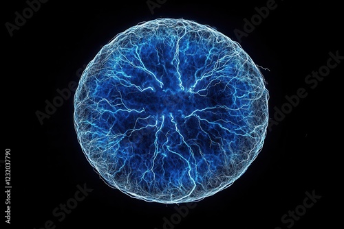electric plasma sphere pulsing with blue energy, crackling tendrils of lightning, dark background with particle effects
