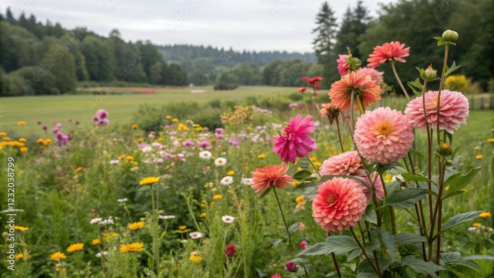 Dahlias in a lush meadow surrounded by wildflowers, flower field, natural scenery, wildflowers Dahlias in a lush meadow surrounded by wildflowers, flower field, natural scenery, wildflowers