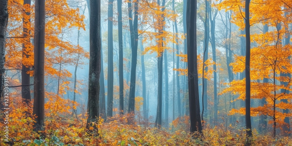 Fototapeta premium A serene forest scene showcasing vibrant autumn foliage and misty atmosphere.