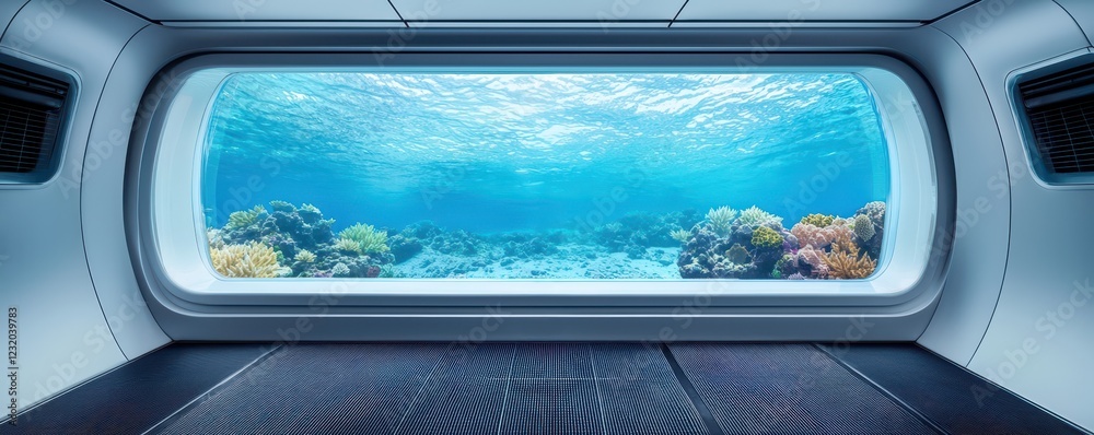Naklejka premium Underwater exploration view from futuristic habitat ocean photography serene environment wide angle marine life