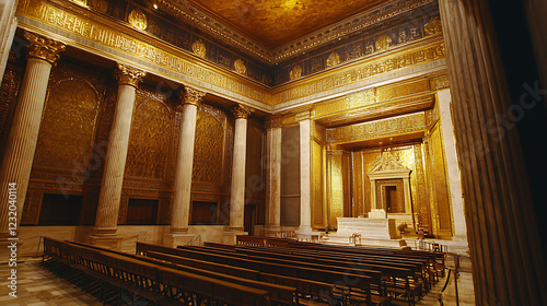 A large room with gold accents and a high ceiling photo