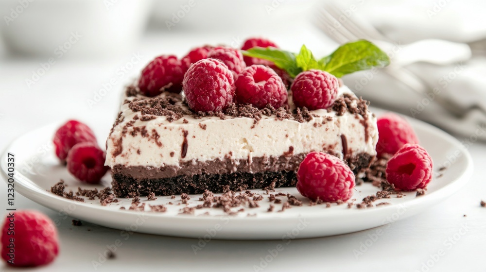 Delicious chocolate raspberry cheesecake slice on a white plate, garnished with fresh raspberries and chocolate shavings. Delicious chocolate raspberry cheesecake slice on a white plate, garnished with fresh raspberries and chocolate shavings.