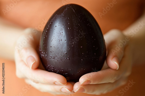 Close-Up of Hands Holding a Dark Chocolate Easter Egg