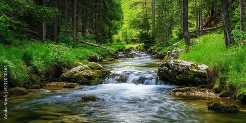 A serene river flowing through lush green forest landscapes under soft sunlight.