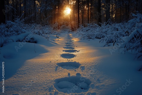 Footprints in the snow leading to a secretive forest hideout, leaving an air of mystery and intrigue.