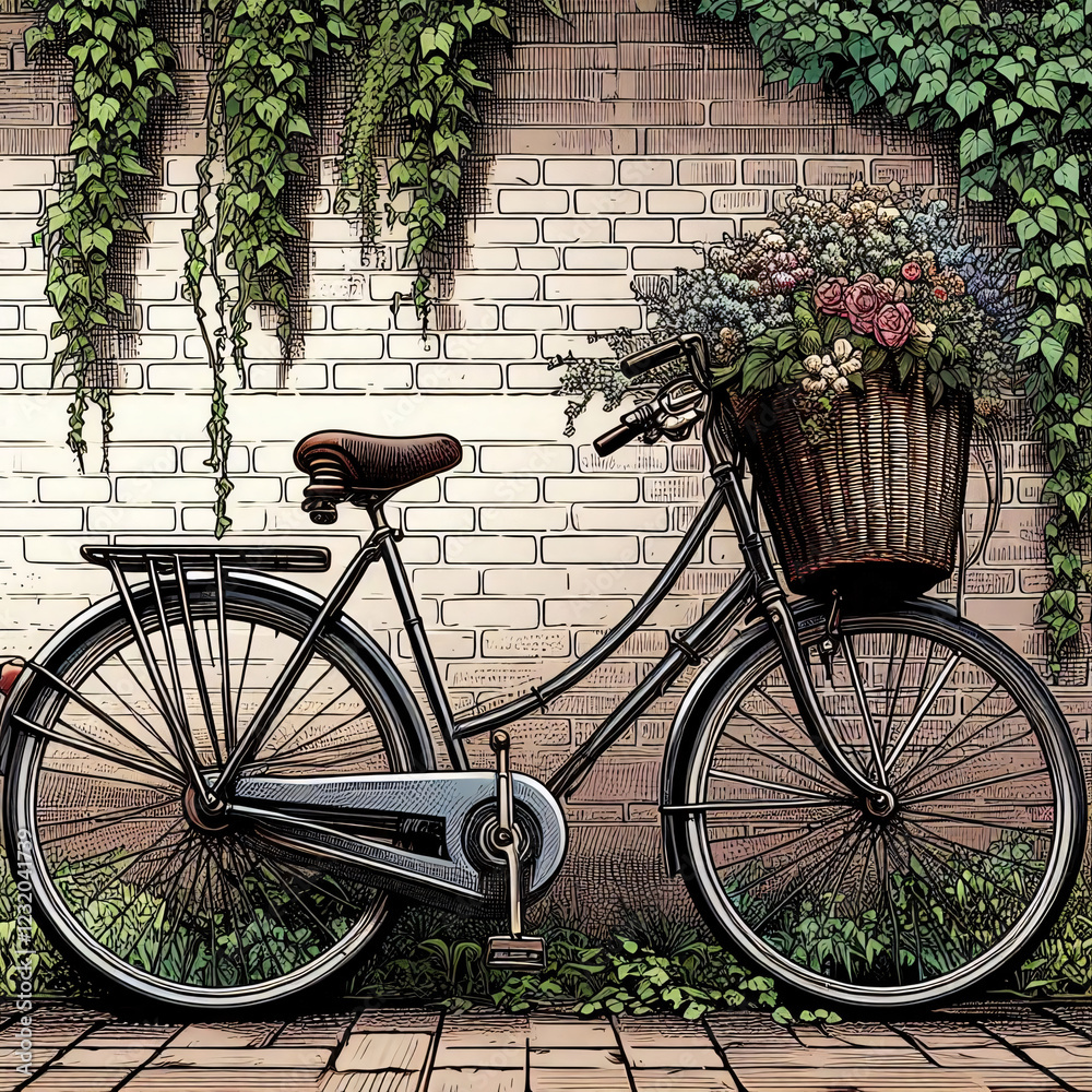 an old-fashioned bicycle leaning against a brick wall covered in ivy, with a basket of flowers in the front. Vintage design. Vintage poster design. Tshirt design vintage an old-fashioned bicycle leaning against a brick wall covered in ivy, with a basket of flowers in the front. Vintage design. Vintage poster design. Tshirt design vintage