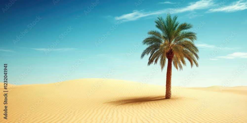 A solitary palm tree stands majestically in a serene desert landscape under a clear blue sky. A solitary palm tree stands majestically in a serene desert landscape under a clear blue sky.