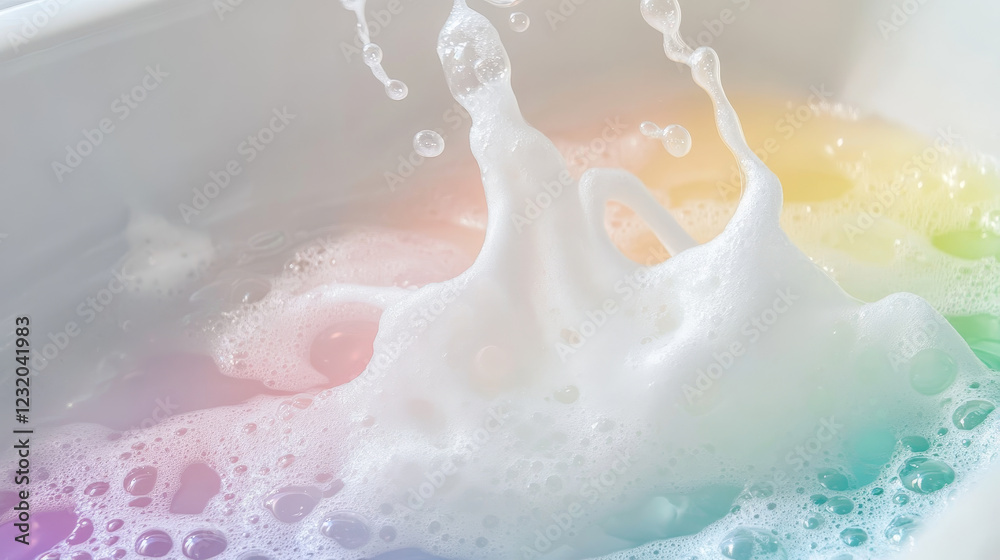 Obraz premium Bath foam realistic vector illustration on transparent background. White soap suds with rainbow air bubbles, shampoo bubbles or foaming detergent texture, frame or border for design