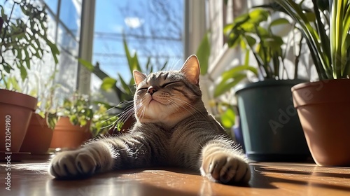 A relaxed tabby cat stretching in sunlight on a wooden floor surrounded by green potted plants in a bright indoor setting photo