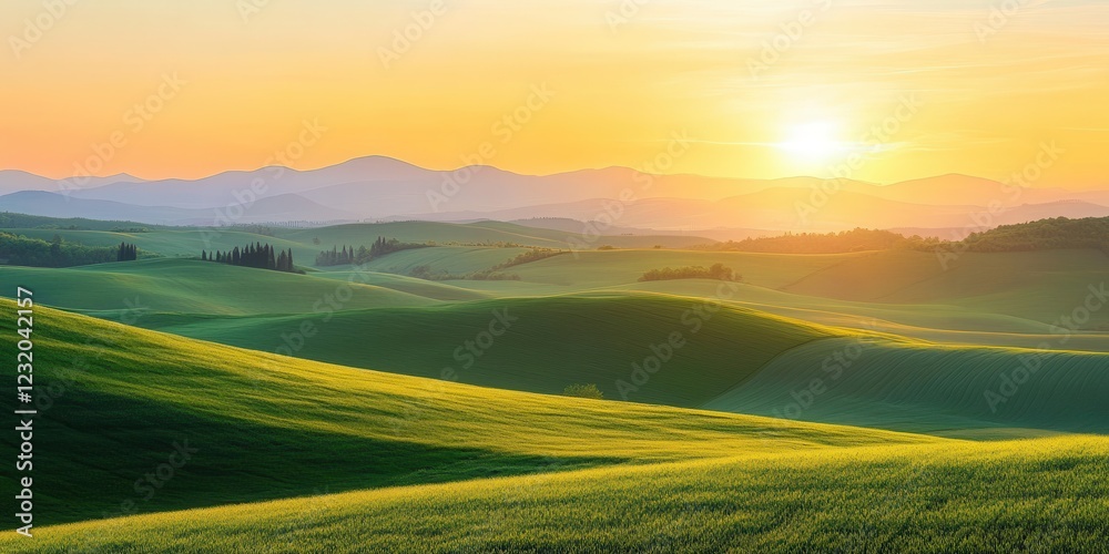 Fototapeta premium A stunning sunset over rolling green hills with distant mountains in the background.