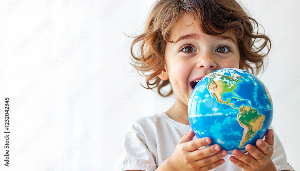 Smiling Girl Holding Globe for geography lessons, travel blogs, kids' environmental education, world studies projects, earth day, kindergarten, international relations Smiling Girl Holding Globe for geography lessons, travel blogs, kids' environmental education, world studies projects, earth day, kindergarten, international relations