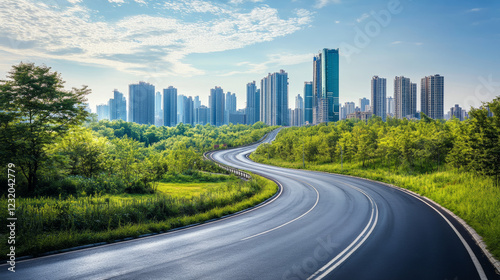 Winding road to city with sign, woods and grass on sides. Cartoon vector panoramic landscape with empty asphalt highway from countryside to skyscrapers in town. Summer cityscape with freeway in park.