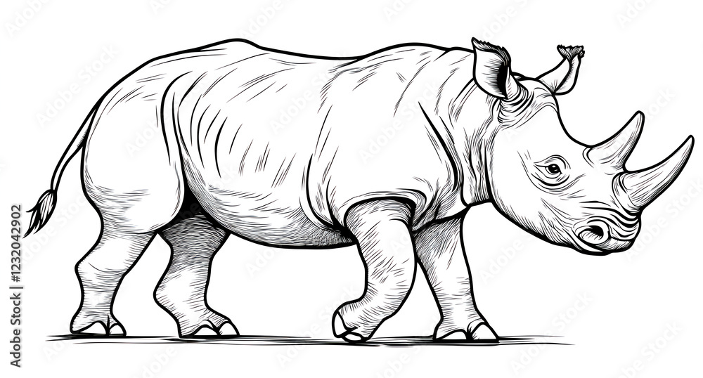 Fototapeta premium Baby rhinoceros, walking to the right side of the screen, full body, vector line art, letterpress style black lines in a woodcut engraving on a white background, woodblock print, high resolution, 