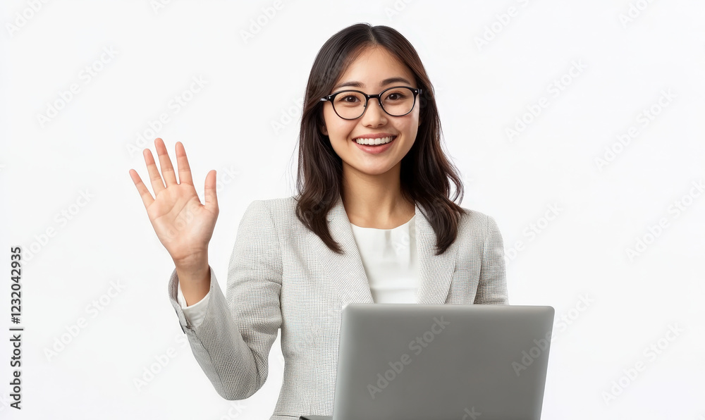 An Asian professional woman waved her hand to the camera at the computer to greet her An Asian professional woman waved her hand to the camera at the computer to greet her