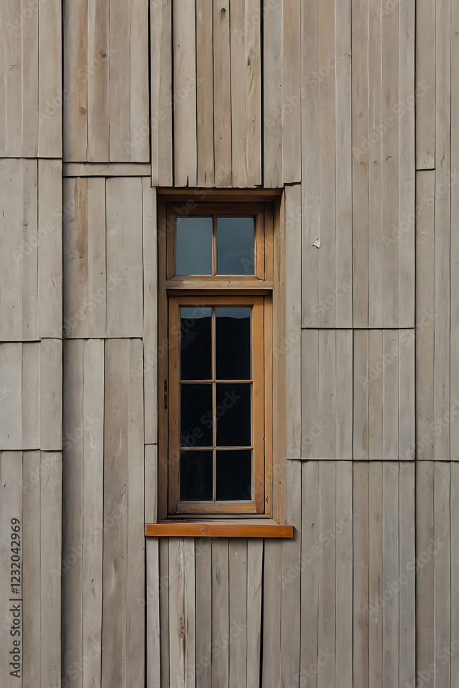 Wooden Window on a Light Grey Wooden Wall: Architectural Detail of a Modern Building Wooden Window on a Light Grey Wooden Wall: Architectural Detail of a Modern Building
