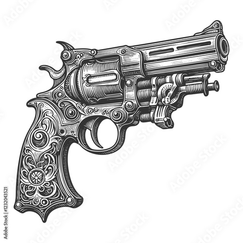 Ornate Steampunk Revolver engraving vector