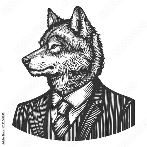 Wolf businessman engraving vector illustration