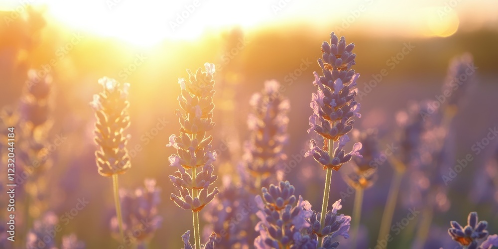 Beautiful lavender flowers bathed in soft sunlight at sunset, enhancing their vibrant color. Beautiful lavender flowers bathed in soft sunlight at sunset, enhancing their vibrant color.