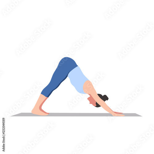 A woman practices yoga on a mat isolated on a white background