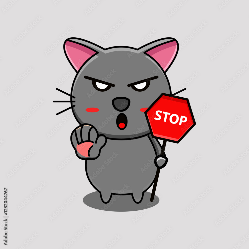 Obraz premium cute vector illustration of a cat mascot holding a stop sign