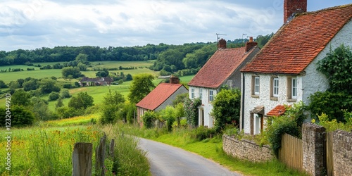 Wallpaper Mural Charming countryside road with cozy houses and lush green hills in the background. Torontodigital.ca