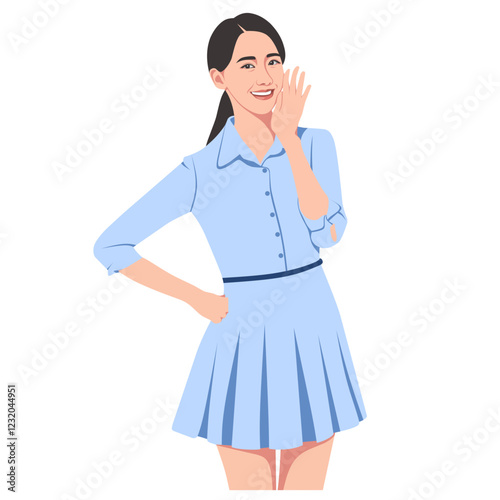 Beautiful woman in casual dress telling something announcement for sales promotion
