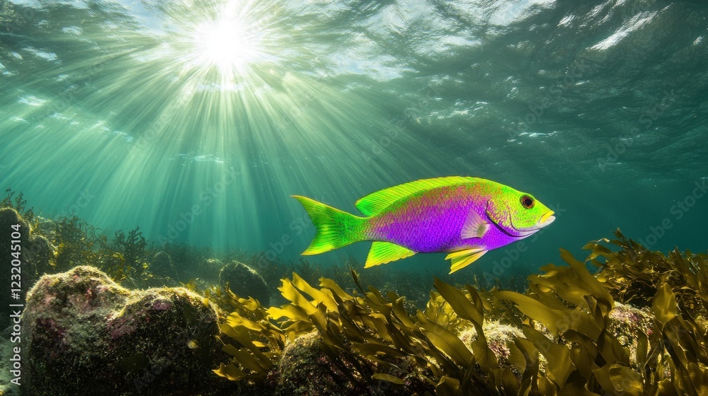 Naklejka premium Vibrant purple and green fish swimming in sunlit ocean water above kelp forest.
