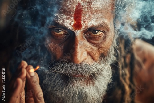 Naga sadhu lighting a chillum with match during kumbh mela photo