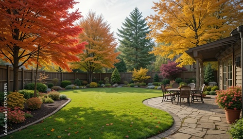  fSuburban Backyard A picturesque backyard scene showcasing colorful autumn trees, creating a serene and inviting atmosphere for relaxation and family gatherings. photo