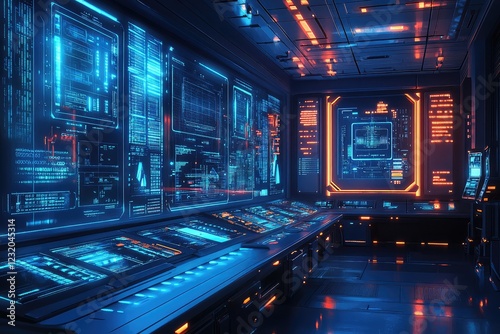 Futuristic control room with holographic displays and glowing controls, bathed in soft blue light.