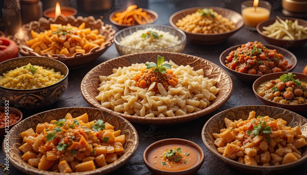 fDiwali Festive Dishes An artistic representation of festive dishes created using Generative AI, showcasing the delicious variety of traditional foods enjoyed during Diwali celebrations. fDiwali Festive Dishes An artistic representation of festive dishes created using Generative AI, showcasing the delicious variety of traditional foods enjoyed during Diwali celebrations.