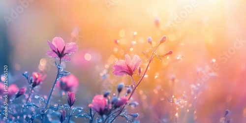 Delicate pink flowers glisten in the morning light, surrounded by a dreamy, colorful background.