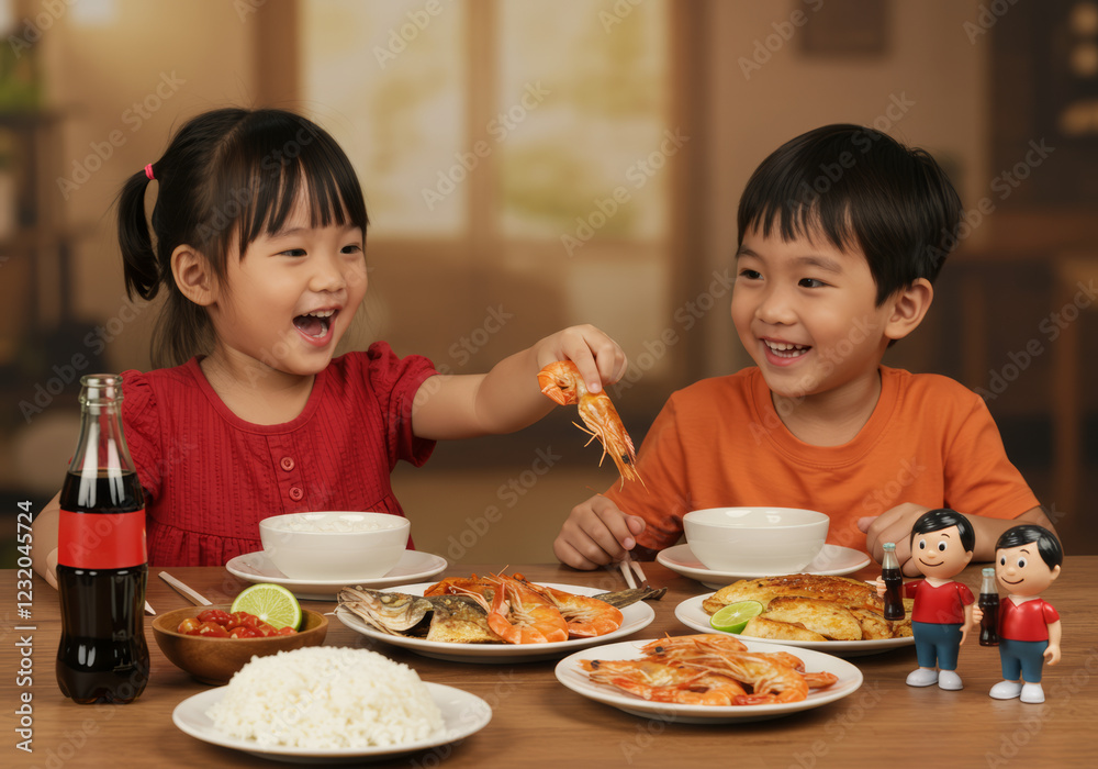 Two Happy Children Enjoying a Feast of Seafood and Rice at a Table with Drinks Two Happy Children Enjoying a Feast of Seafood and Rice at a Table with Drinks