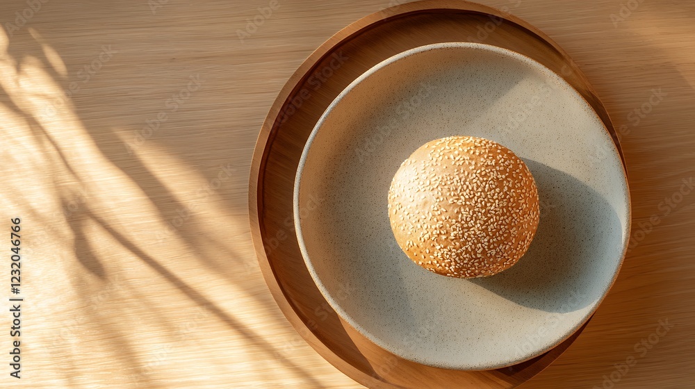 Simple Sesame Seed Bun On Ceramic Plate In Warm Sunlight Simple Sesame Seed Bun On Ceramic Plate In Warm Sunlight