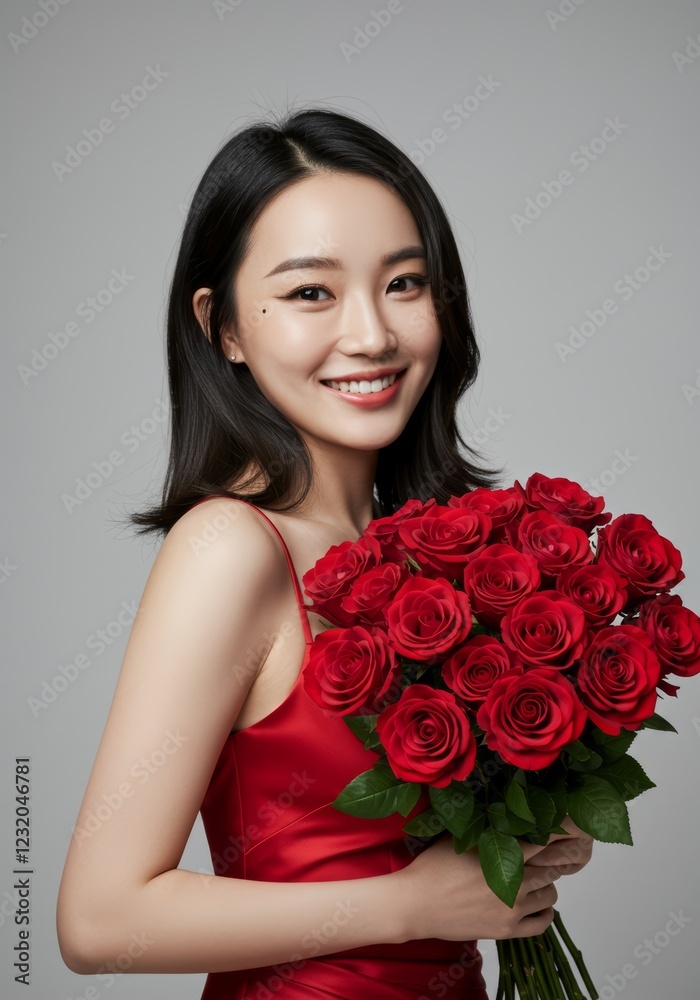 Smiling woman holding a large bouquet of red roses wearing a red elegant dress Smiling woman holding a large bouquet of red roses wearing a red elegant dress