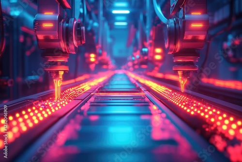 Futuristic factory with robotic assembly lines glowing with neon lights and digital patterns.