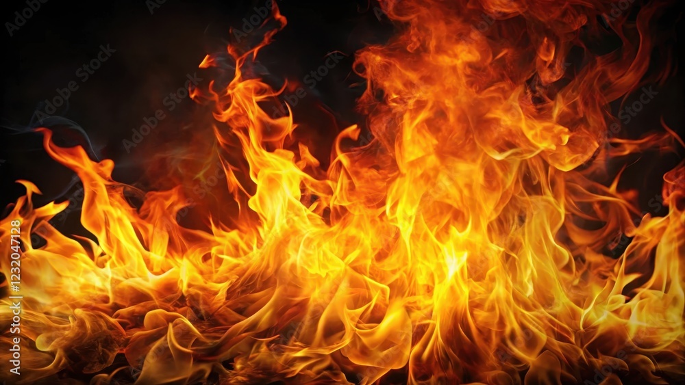 Fototapeta premium Intense flames engulfing a dark background with warm orange and yellow tones, inferno, black background, inferno, black background