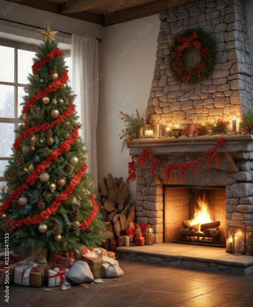 Decorative Christmas tree in front of the stone fireplace with pinecones, holly, and festive ribbons, pinecones, winter festive Decorative Christmas tree in front of the stone fireplace with pinecones, holly, and festive ribbons, pinecones, winter festive