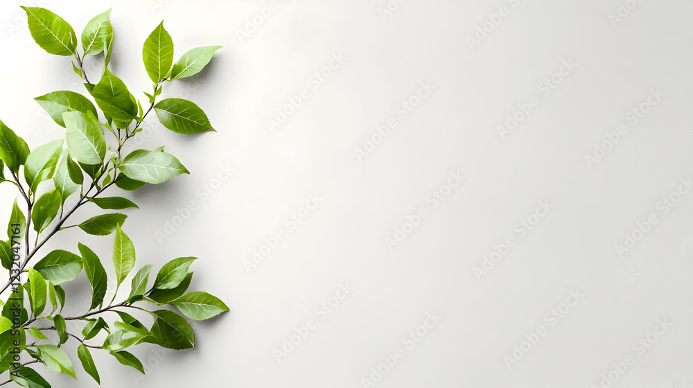 Fresh green leaves on branch, white background, nature, spring Fresh green leaves on branch, white background, nature, spring