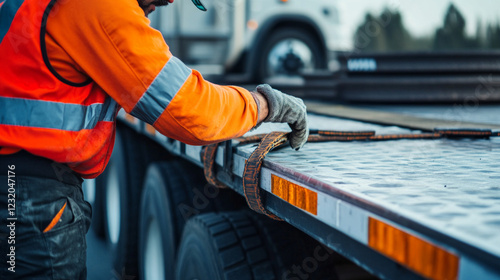 Driver secures cargo straps on flatbed trailer in industrial area during daylight